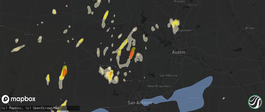Hail map in Stonewall, TX on May 26, 2026