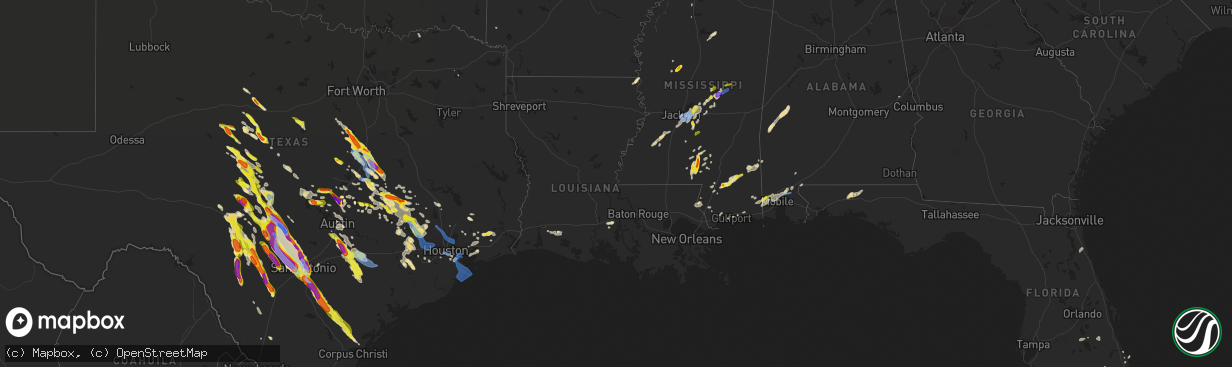 Hail map in Louisiana on May 27, 2020