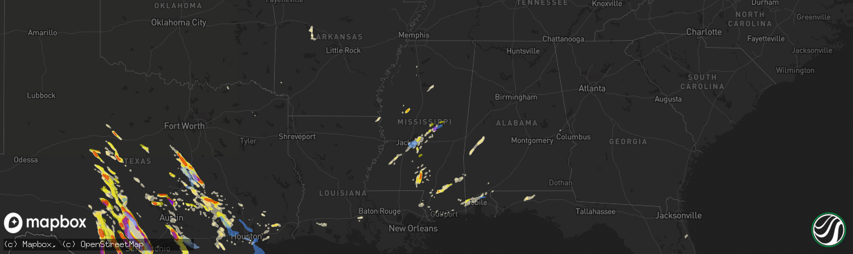 Hail map in Mississippi on May 27, 2020