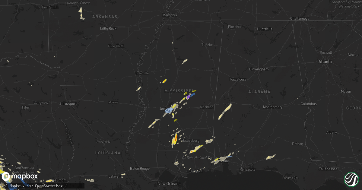 Hail map in Mississippi on May 27, 2020