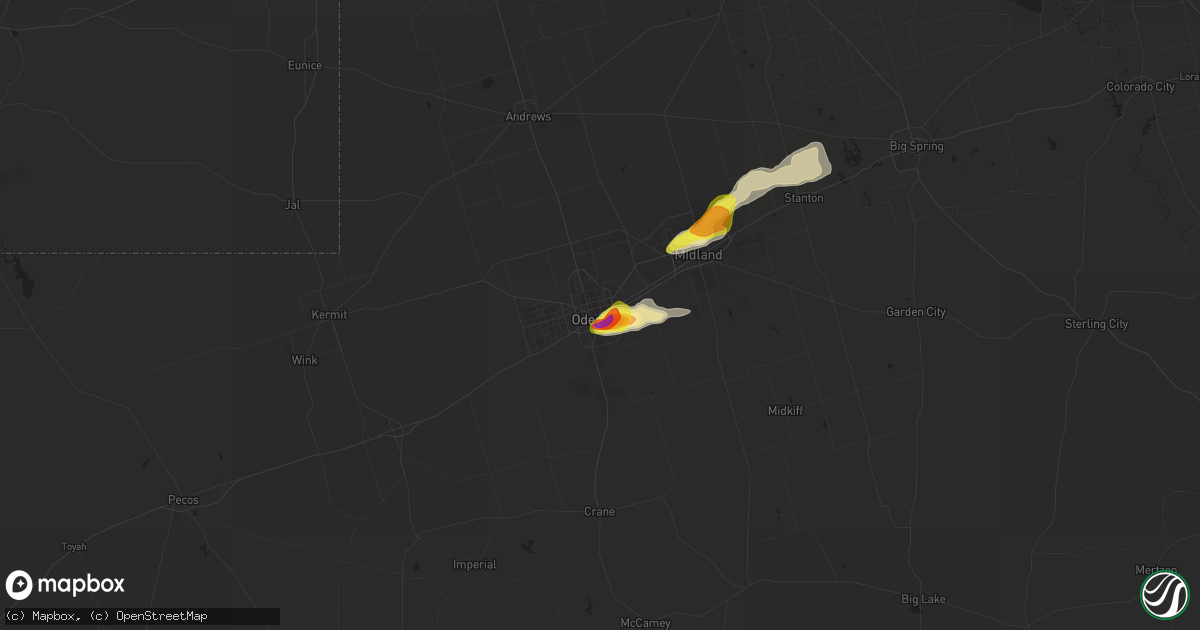 Hail map in Odessa, TX on May 27, 2021