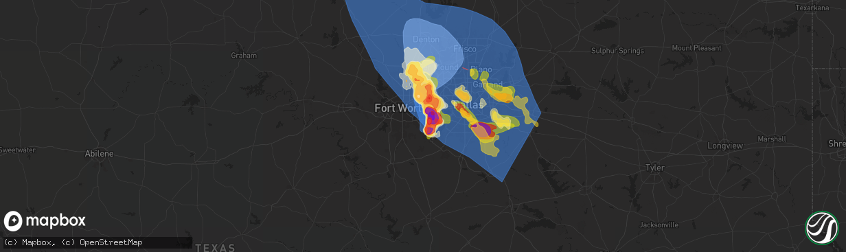 Hail map in Arlington, TX on May 27, 2024