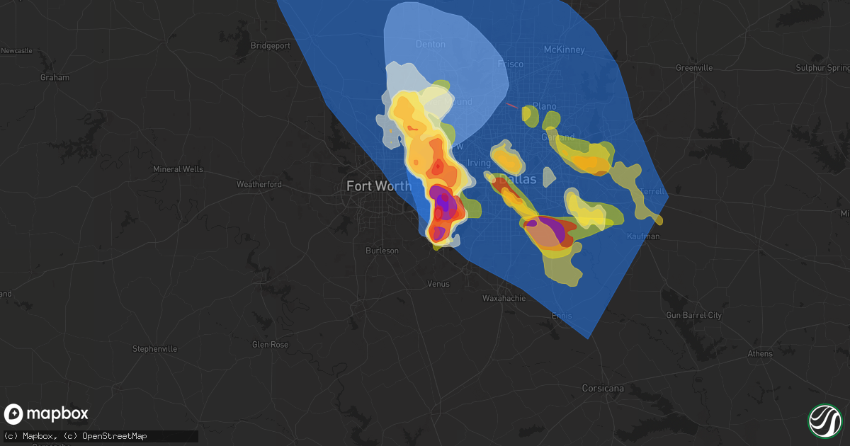 Hail map in Arlington, TX on May 27, 2024