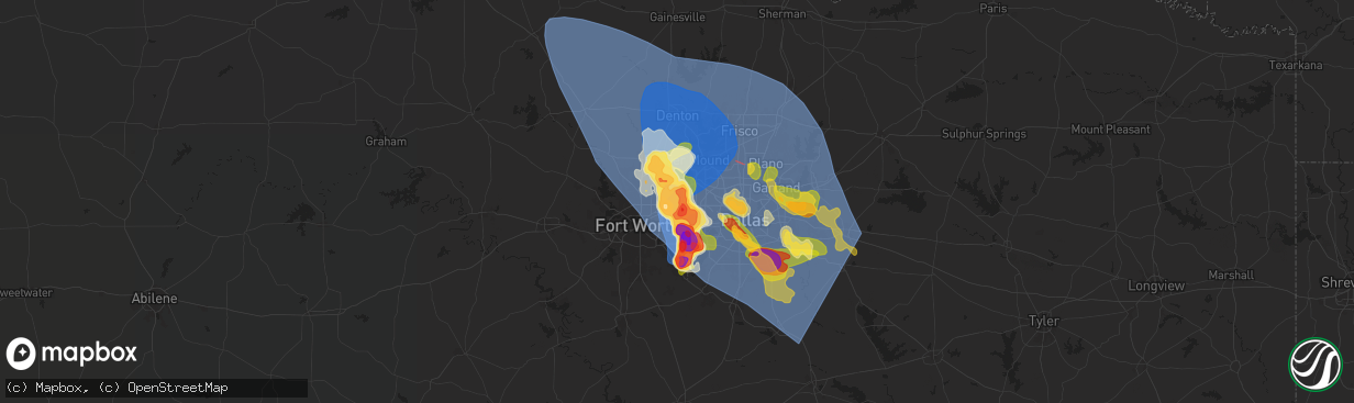 Hail map in Bedford, TX on May 27, 2024