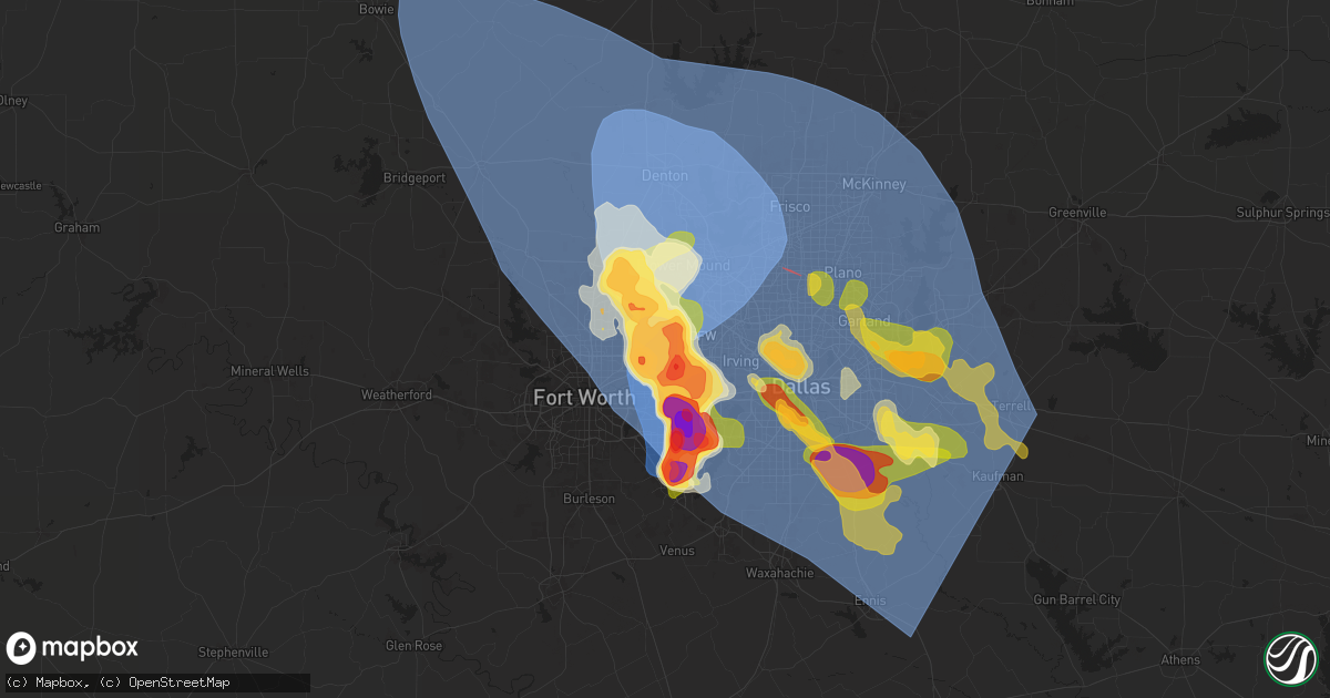 Hail map in Bedford, TX on May 27, 2024