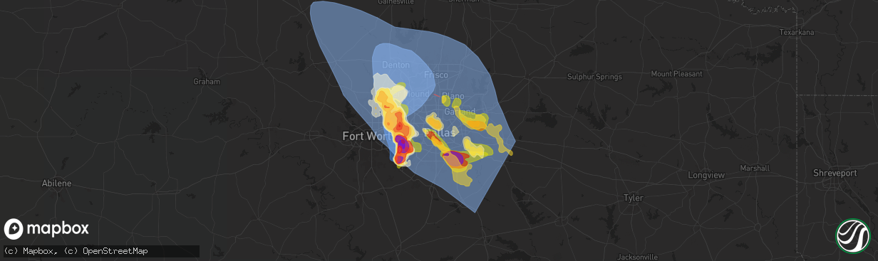 Hail map in Dallas, TX on May 27, 2024