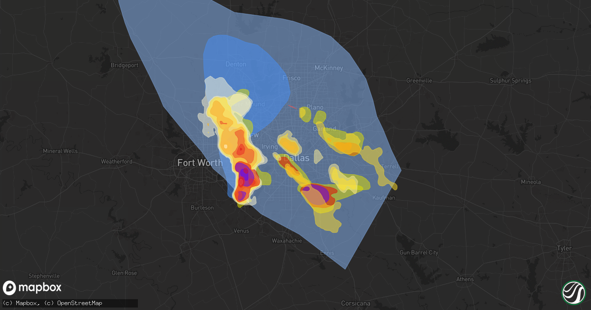 Hail map in Dallas, TX on May 27, 2024