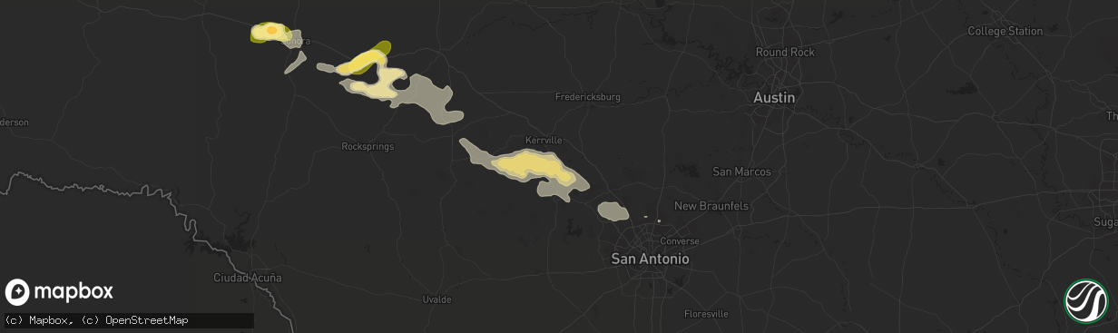Hail map in Center Point, TX on May 27, 2025