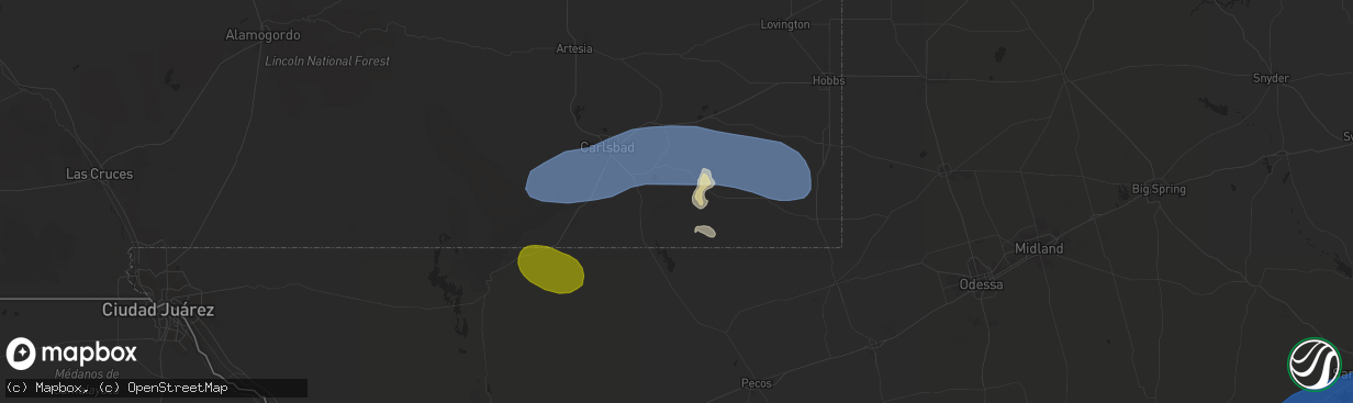 Hail map in Loving, NM on May 27, 2025