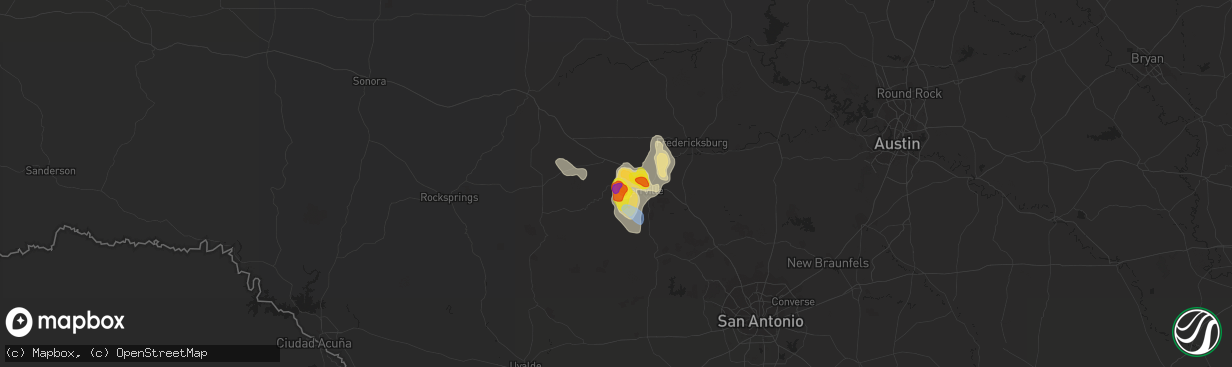 Hail map in Ingram, TX on May 28, 2020