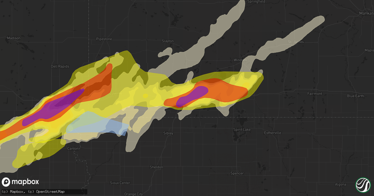 Hail map in Worthington, MN on May 28, 2022
