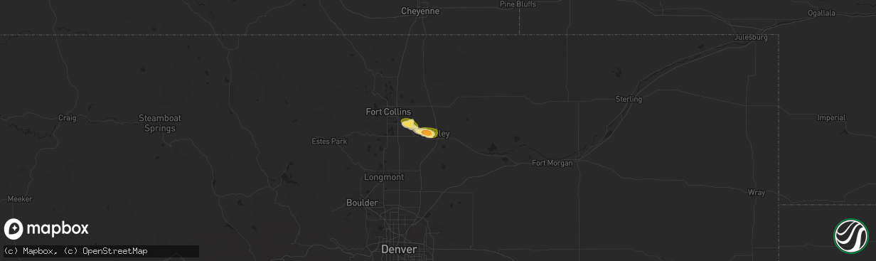 Hail map in Greeley, CO on May 28, 2023
