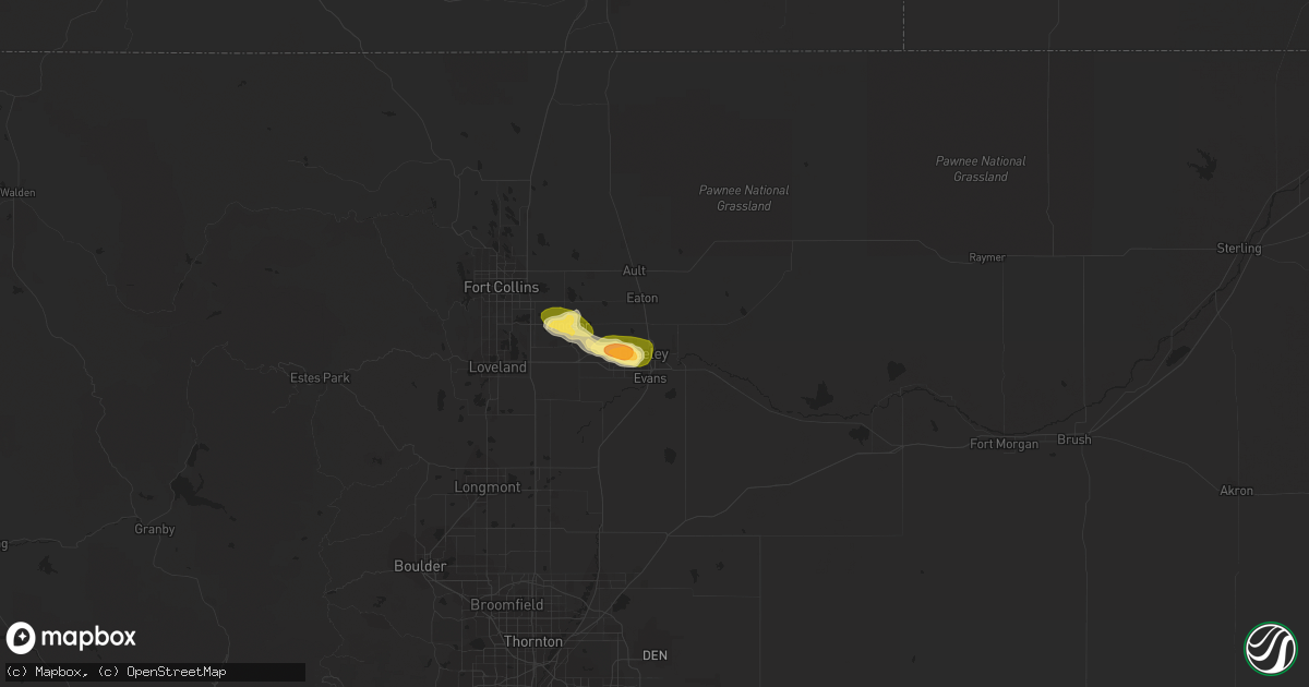Hail map in Greeley, CO on May 28, 2023