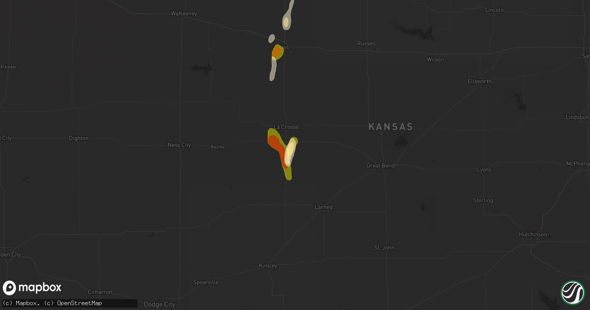 Hail map in Rush Center, KS on May 28, 2023