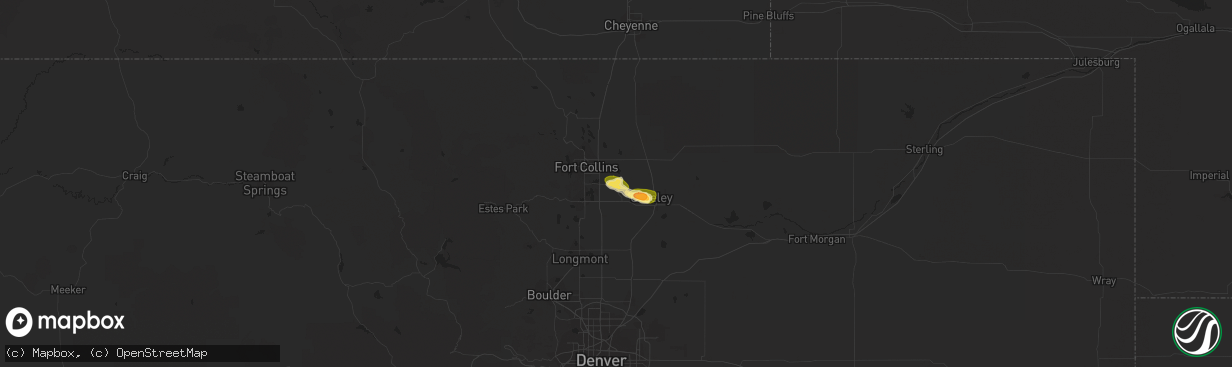 Hail map in Windsor, CO on May 28, 2023