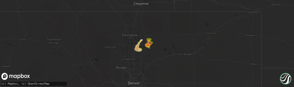 Hail map in Greeley, CO on May 28, 2024