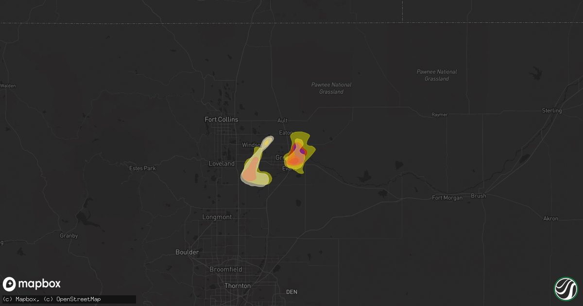 Hail map in Greeley, CO on May 28, 2024