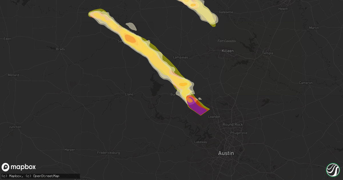 Hail map in Burnet, TX on May 28, 2025