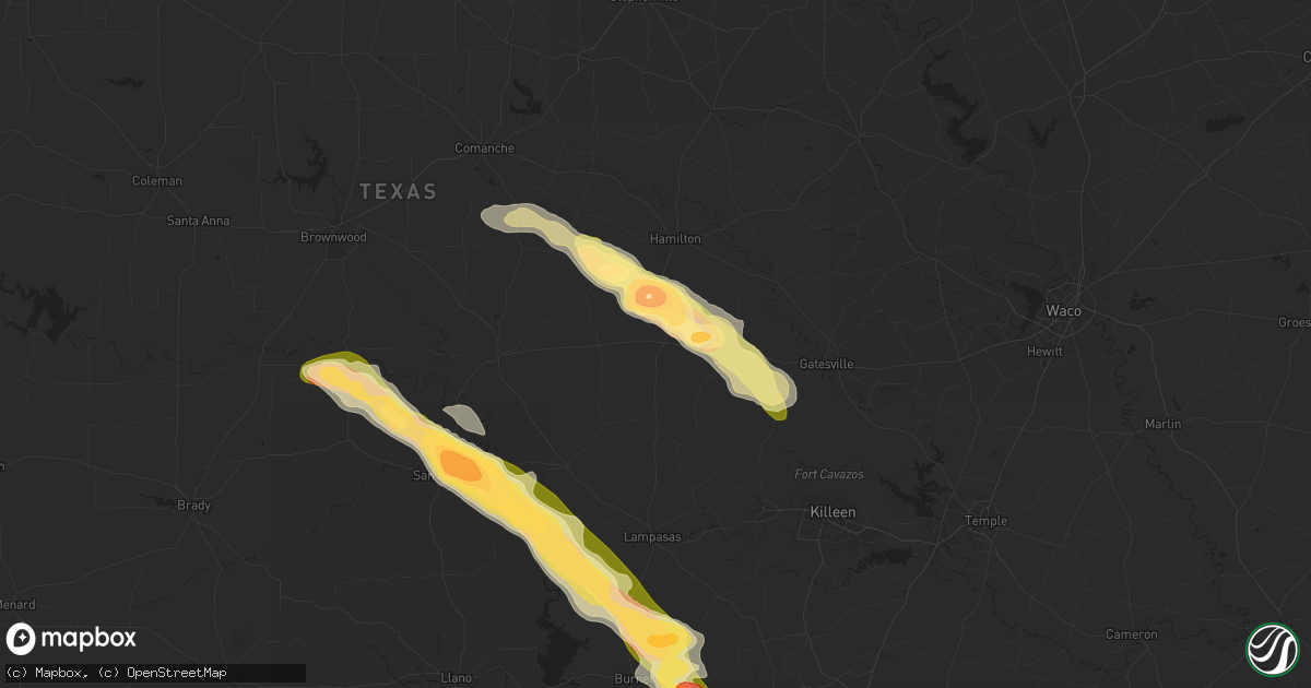 Hail map in Evant, TX on May 28, 2025