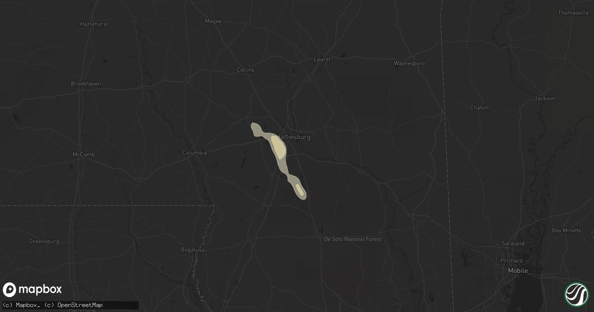 Hail map in Hattiesburg, MS on May 28, 2025