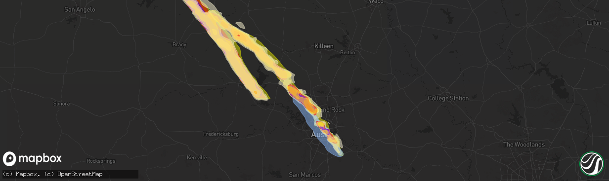 Hail map in Liberty Hill, TX on May 28, 2025