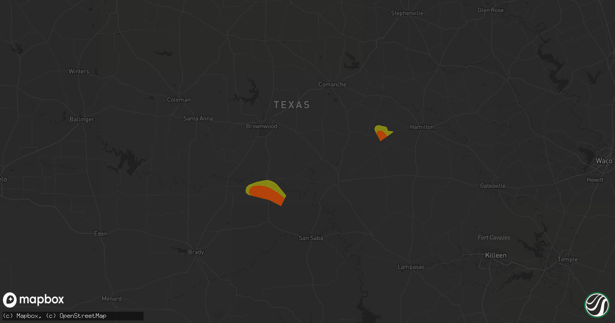 Hail map in Mullin, TX on May 28, 2025