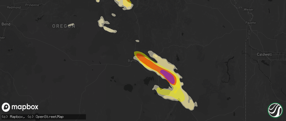 Hail map in Burns, OR on May 28, 2026