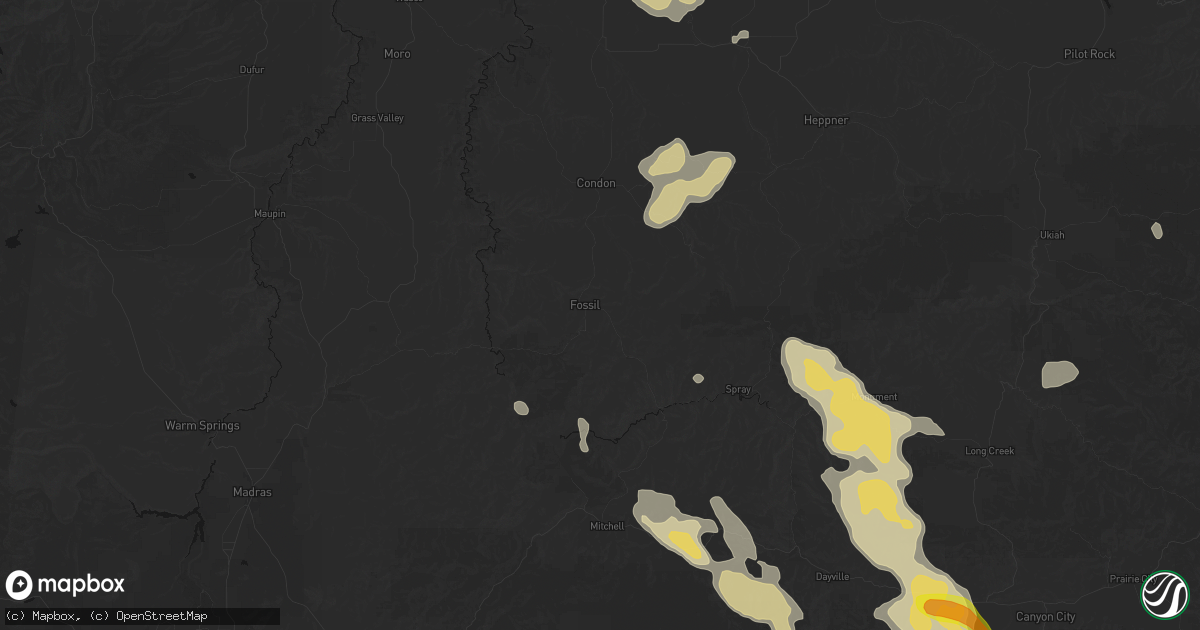 Hail map in Fossil, OR on May 28, 2026