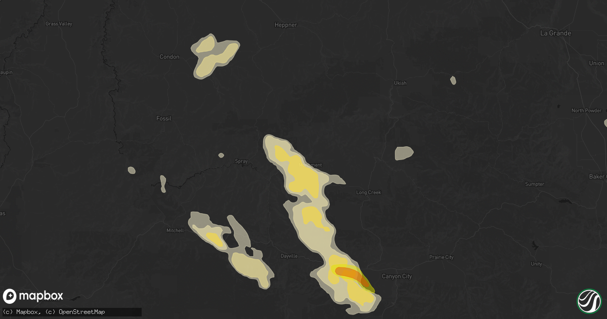 Hail map in Monument, OR on May 28, 2026