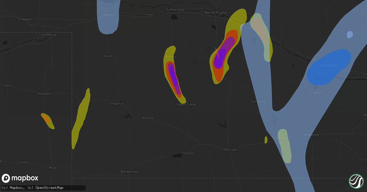 Hail map in Hayes Center, NE on May 30, 2026