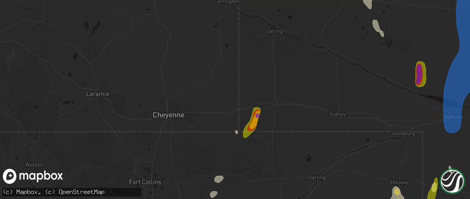 Hail map in Pine Bluffs, WY on May 30, 2026