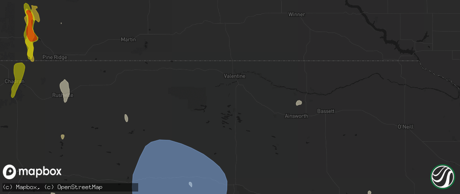 Hail map in Valentine, NE on May 30, 2026