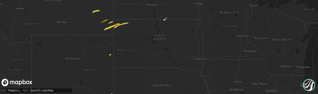 Hail map in South Dakota on May 31, 2020