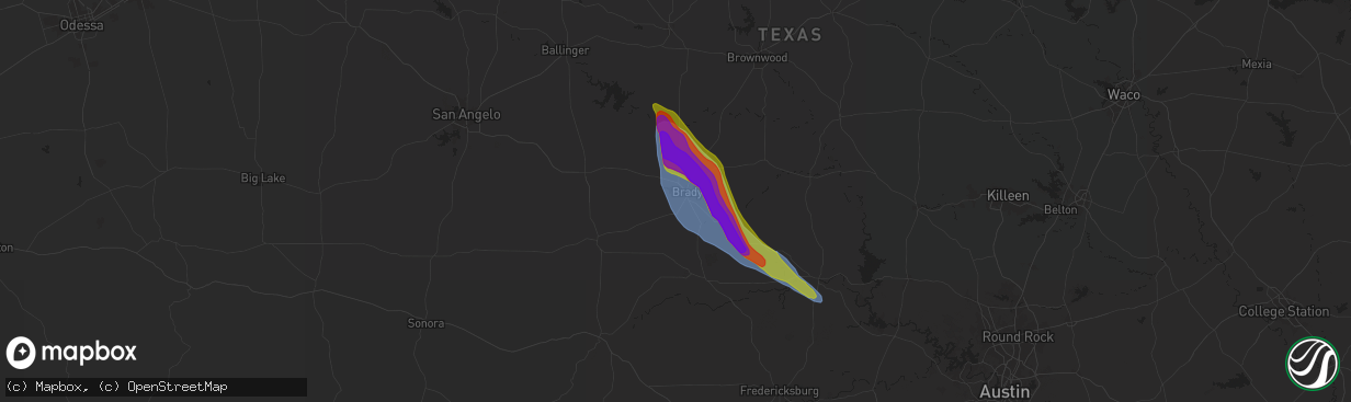 Hail map in Brady, TX on May 31, 2024