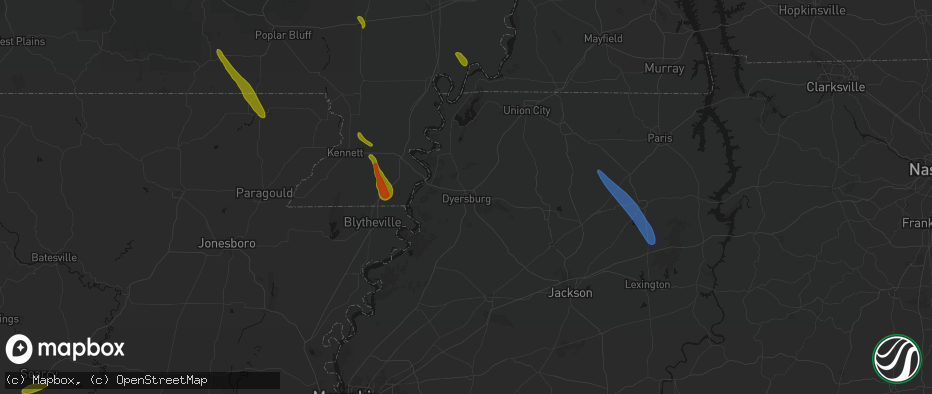 Hail map in Dyersburg, TN on May 31, 2026
