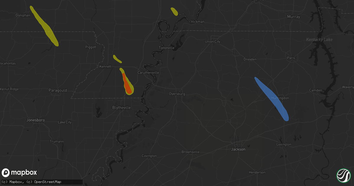Hail map in Dyersburg, TN on May 31, 2026