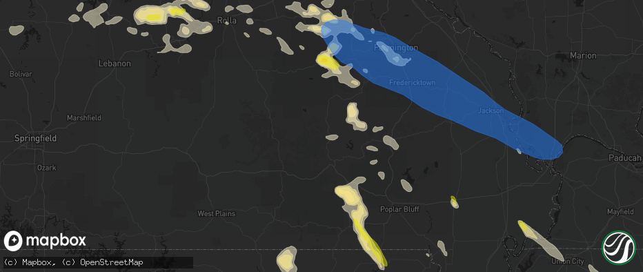 Hail map in Ellington, MO on May 31, 2026