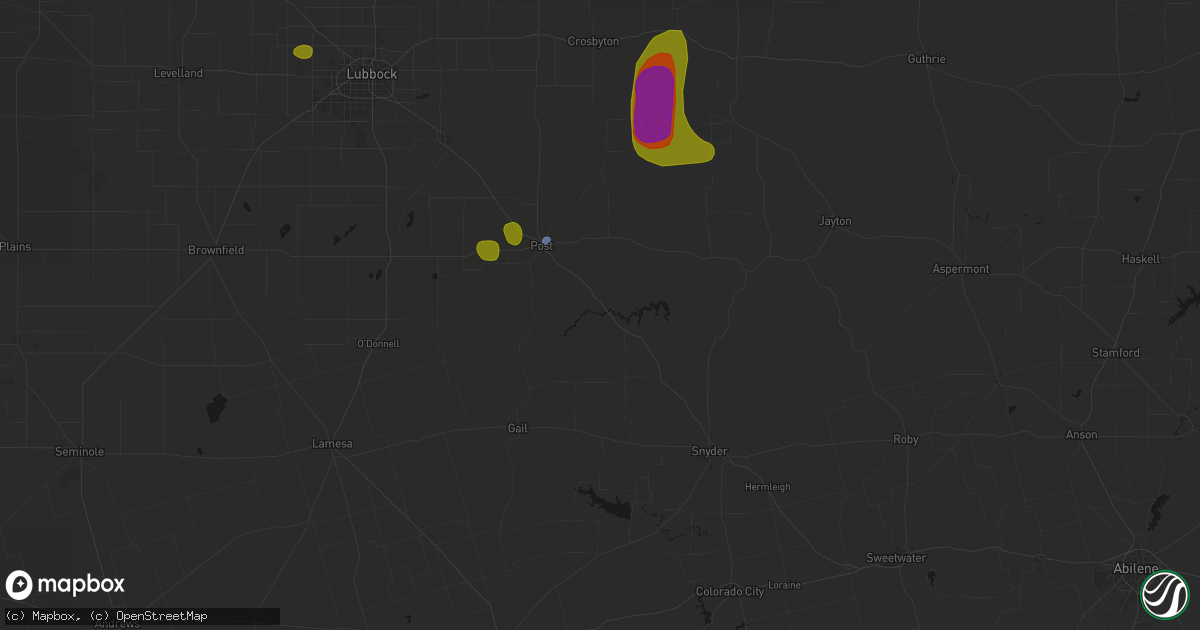 Hail map in Justiceburg, TX on May 31, 2026