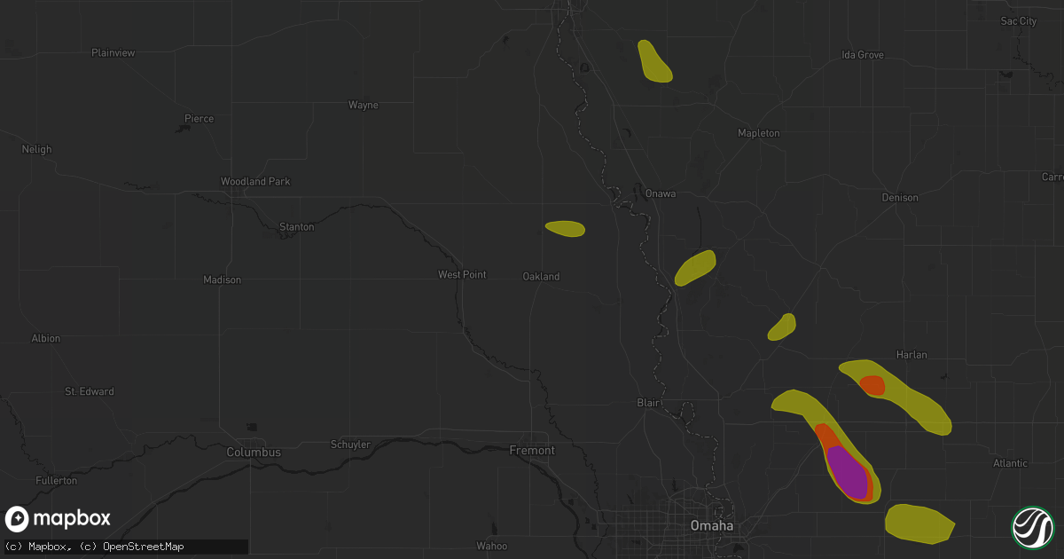 Hail map in Oakland, NE on May 31, 2026