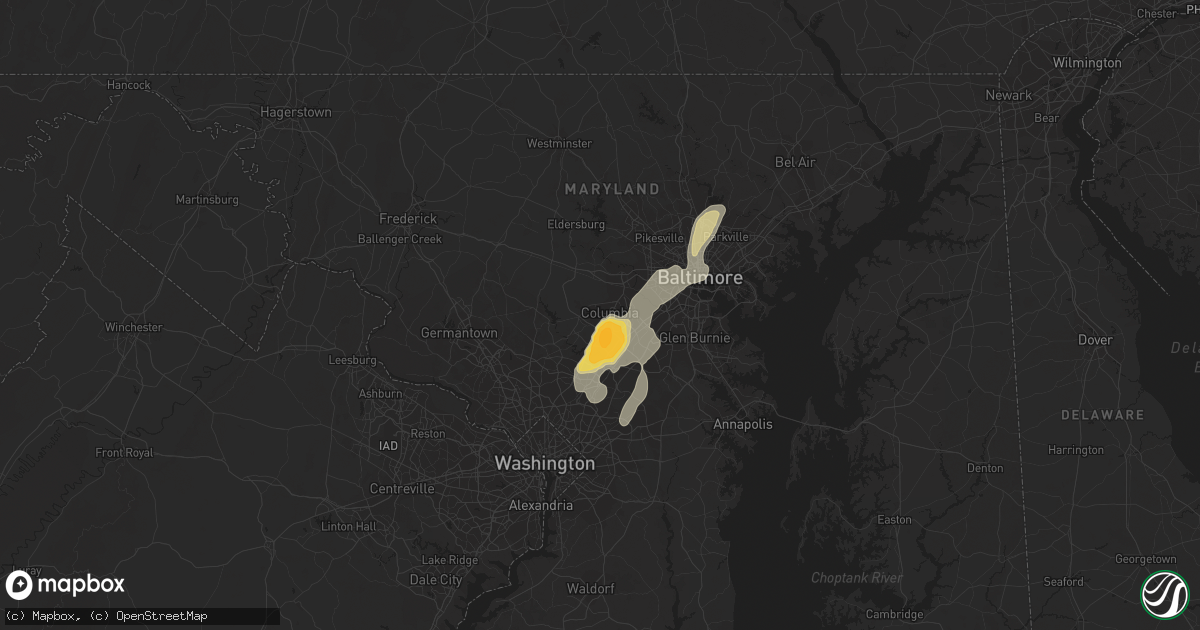 Hail map in Columbia, MD on June 1, 2012