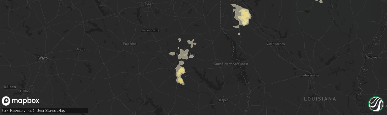 Hail map in Nacogdoches, TX on June 1, 2013