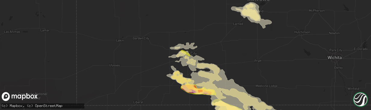 Hail map in Dodge City, KS on June 1, 2014