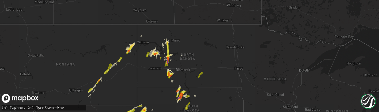 Hail map in North Dakota on June 1, 2018