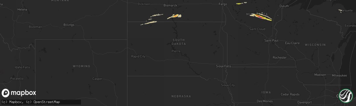 Hail map in South Dakota on June 1, 2020