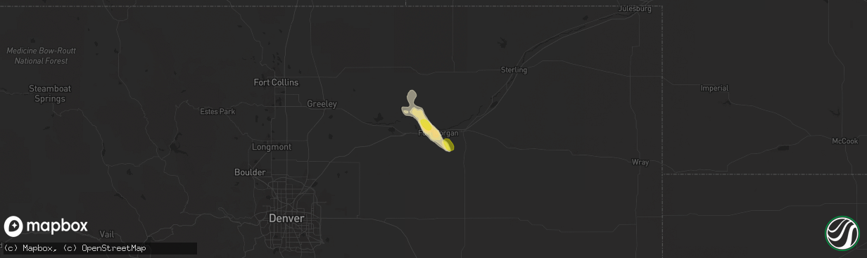 Hail map in Log Lane Village, CO on June 1, 2021