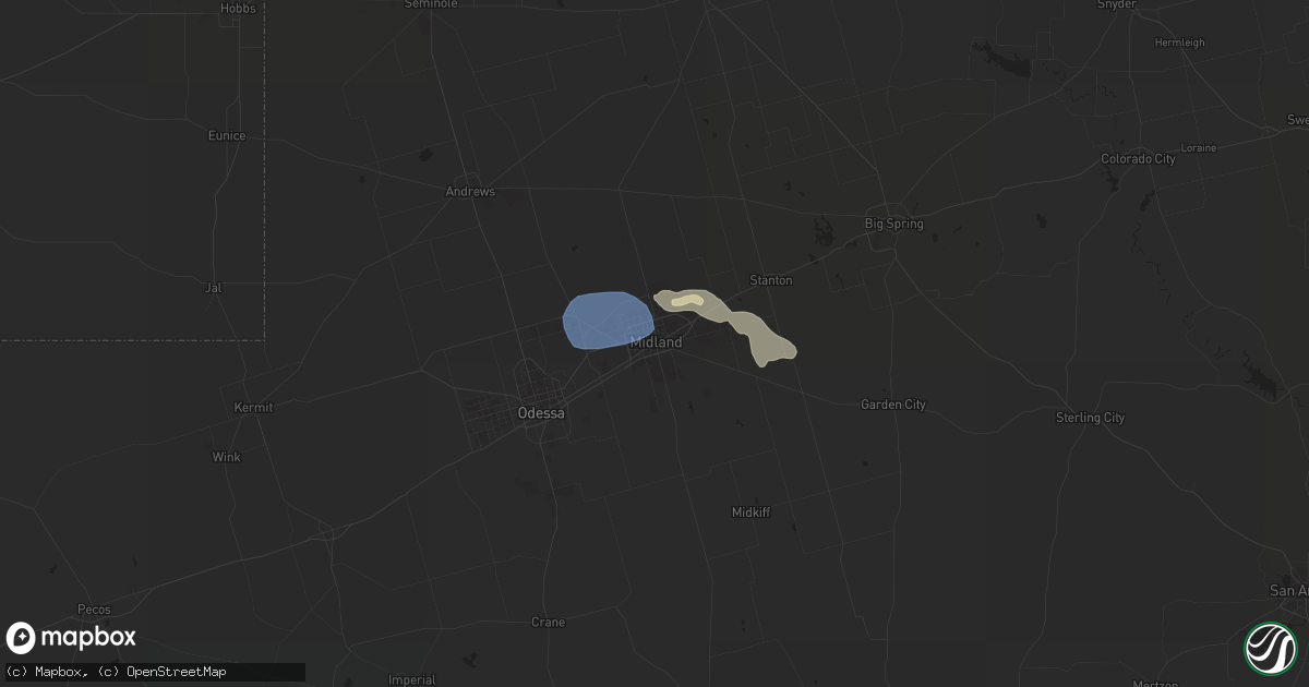 Hail map in Midland, TX on June 1, 2022