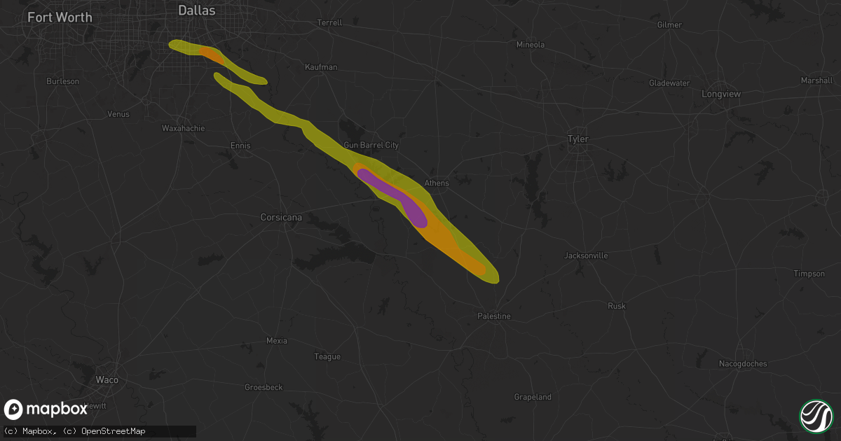 Hail map in Athens, TX on June 1, 2024