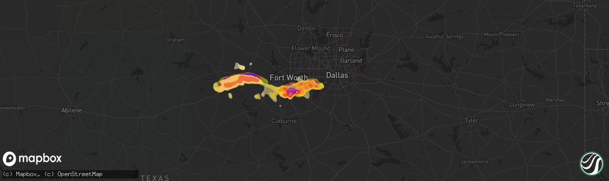 Hail map in Arlington, TX on June 1, 2025