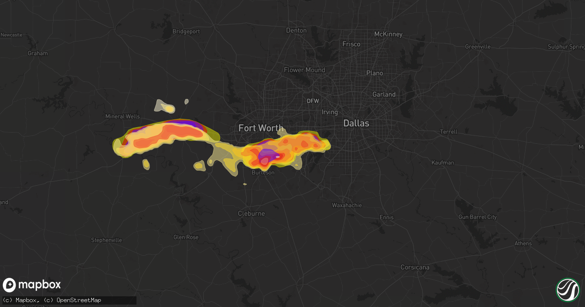 Hail map in Arlington, TX on June 1, 2025