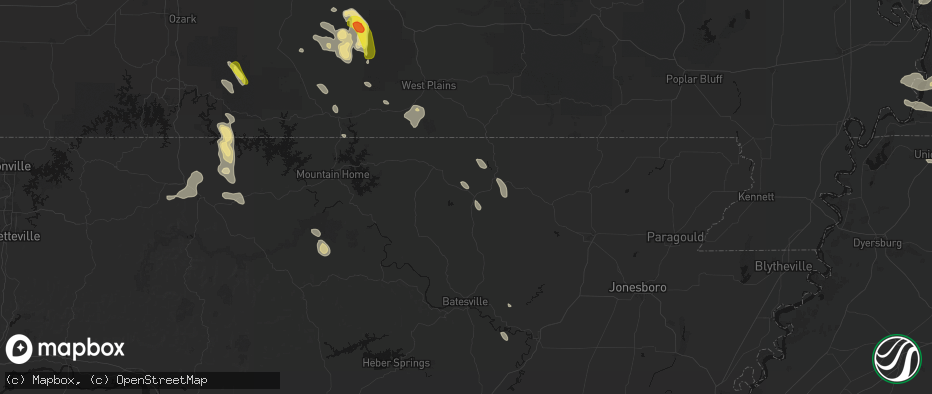 Hail map in Ash Flat, AR on June 1, 2026